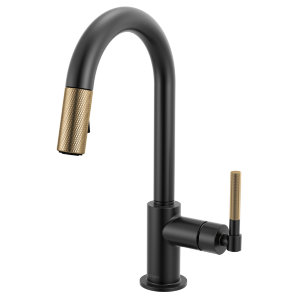 Matte black kitchen faucet with arc spout, knurled gold handle, and pull-down spray head.