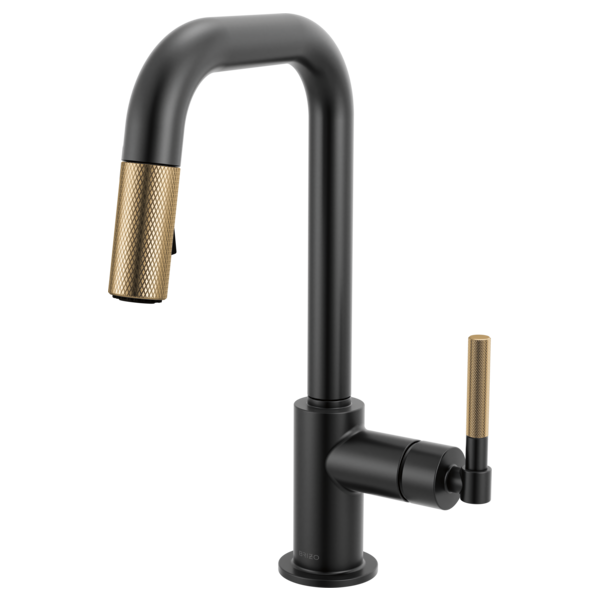 Matte black pull-down kitchen faucet with luxe gold knurled handle and square spout.