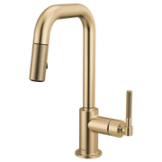 Luxe gold pull-down prep faucet with square spout and knurled handle.