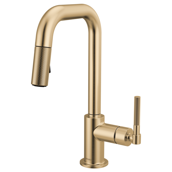 Luxe gold pull-down prep faucet with square spout and knurled handle.
