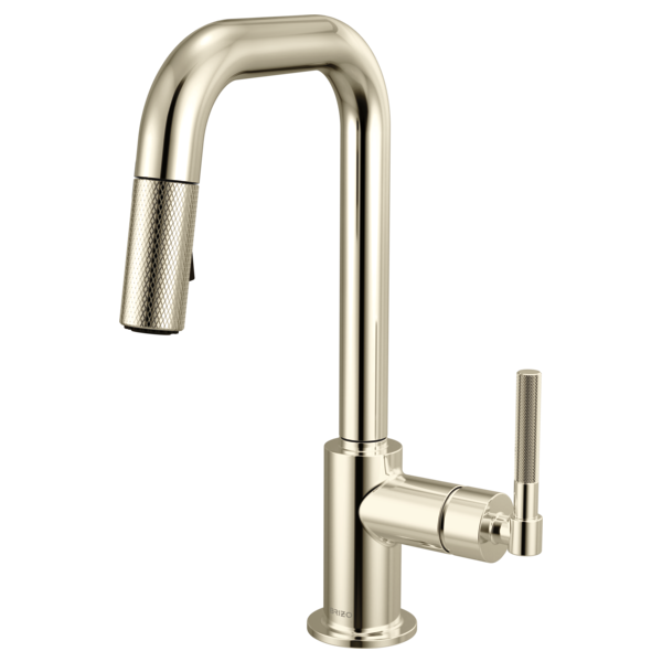 Polished nickel pull-down kitchen faucet with squared spout and knurled handle grip.