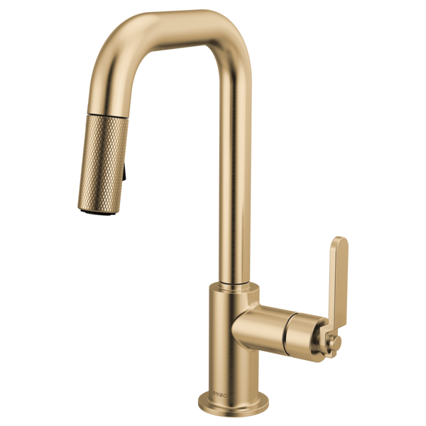 Luxe gold pull-down prep faucet with squared spout, industrial handle, and textured grip on flexible spray head.