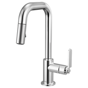 Chrome pull-down prep faucet with square spout and industrial handle.