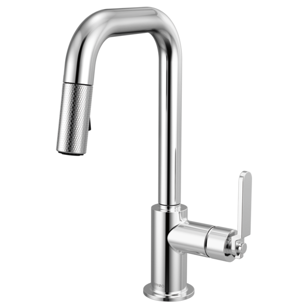 Chrome pull-down prep faucet with square spout and industrial handle.