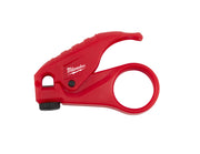 Red Milwaukee wire stripper tool with ergonomic handle, adjustment screw, and circular cable guide opening.