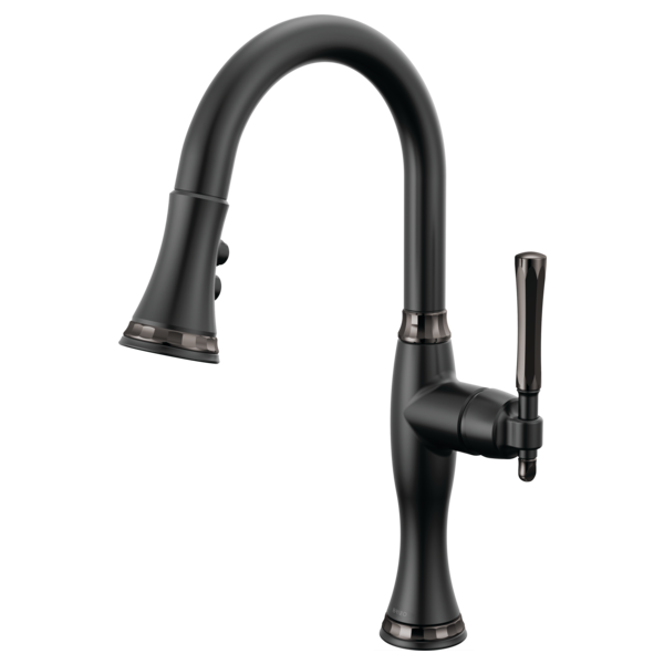 Black pull-down kitchen faucet with curved spout, single lever handle, and brushed metal accents.