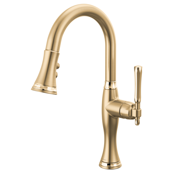 Champagne bronze pull-down kitchen faucet with curved spout and single lever handle.