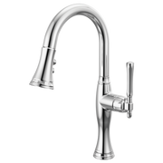 Chrome pull-down kitchen faucet with curved spout and single lever handle.