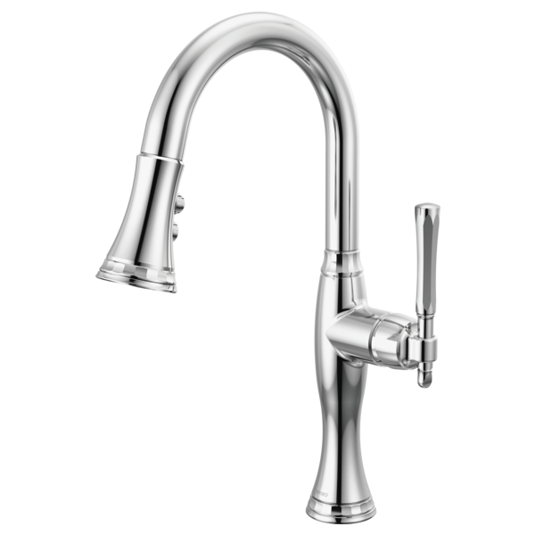 Chrome pull-down kitchen faucet with curved spout and single lever handle.