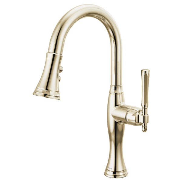 Gold pull-down kitchen faucet with curved spout and single lever handle.