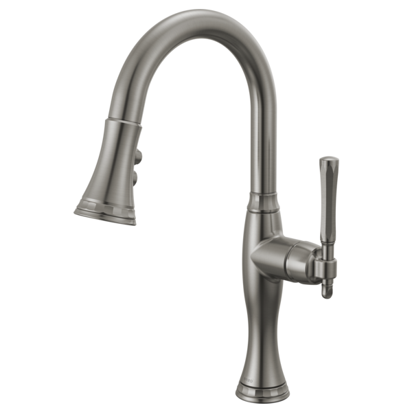 Brushed nickel pull-down kitchen faucet with high curved spout and lever handle.