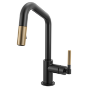 Matte black pull-down prep faucet with knurled luxe gold handle and angled spout.