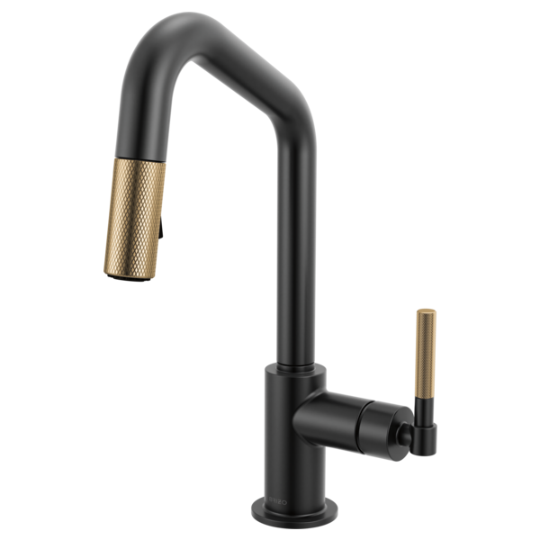 Matte black pull-down prep faucet with knurled luxe gold handle and angled spout.