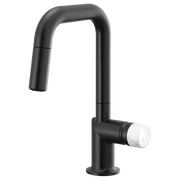 Matte black single-hole kitchen faucet with high arc spout and pull-down spray head.