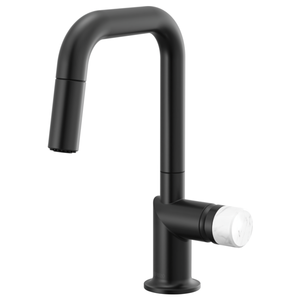 Matte black single-hole kitchen faucet with high arc spout and pull-down spray head.
