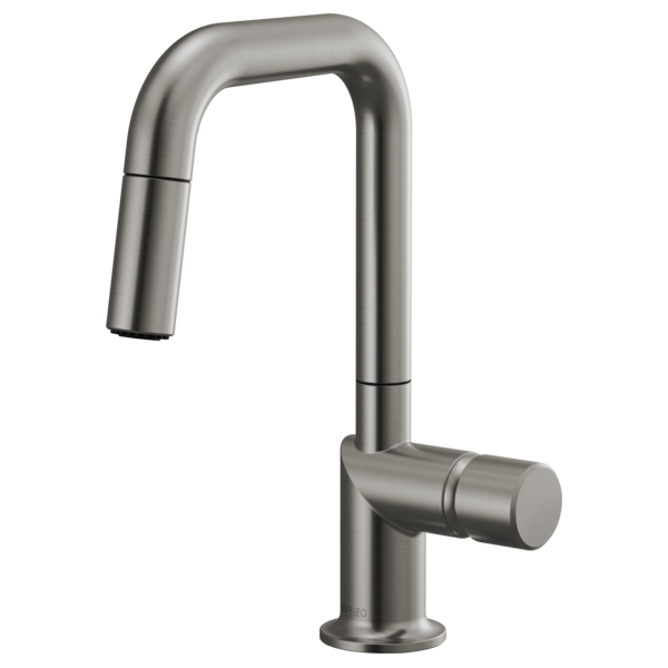 Tall stainless steel single-hole faucet with pull-down spray head and cylindrical handle for vessel sinks.