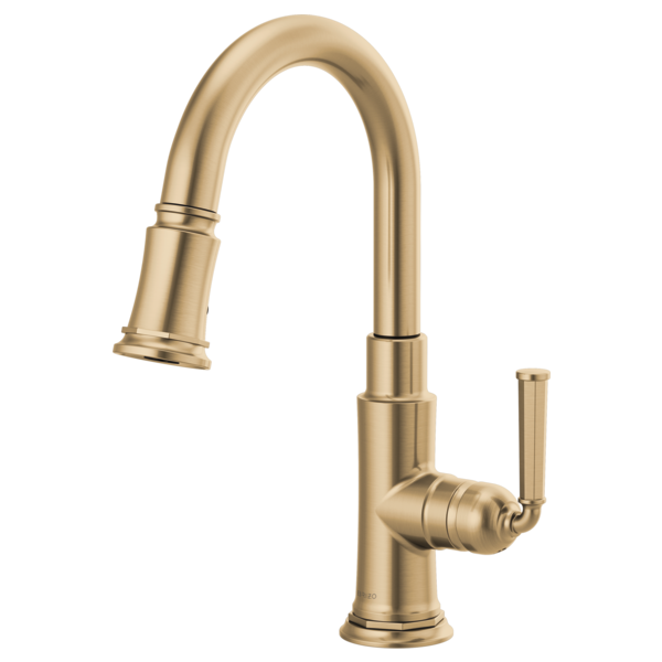 Champagne bronze pull-down prep faucet with curved spout and single lever handle.