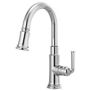 Chrome pull-down prep faucet with curved spout and single lever handle.