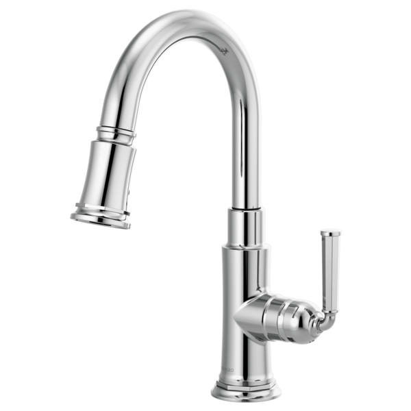Chrome pull-down prep faucet with curved spout and single lever handle.