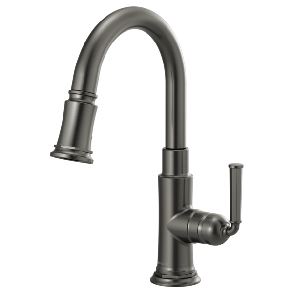 Brushed gunmetal pull-down kitchen faucet with high arched spout and single lever handle.