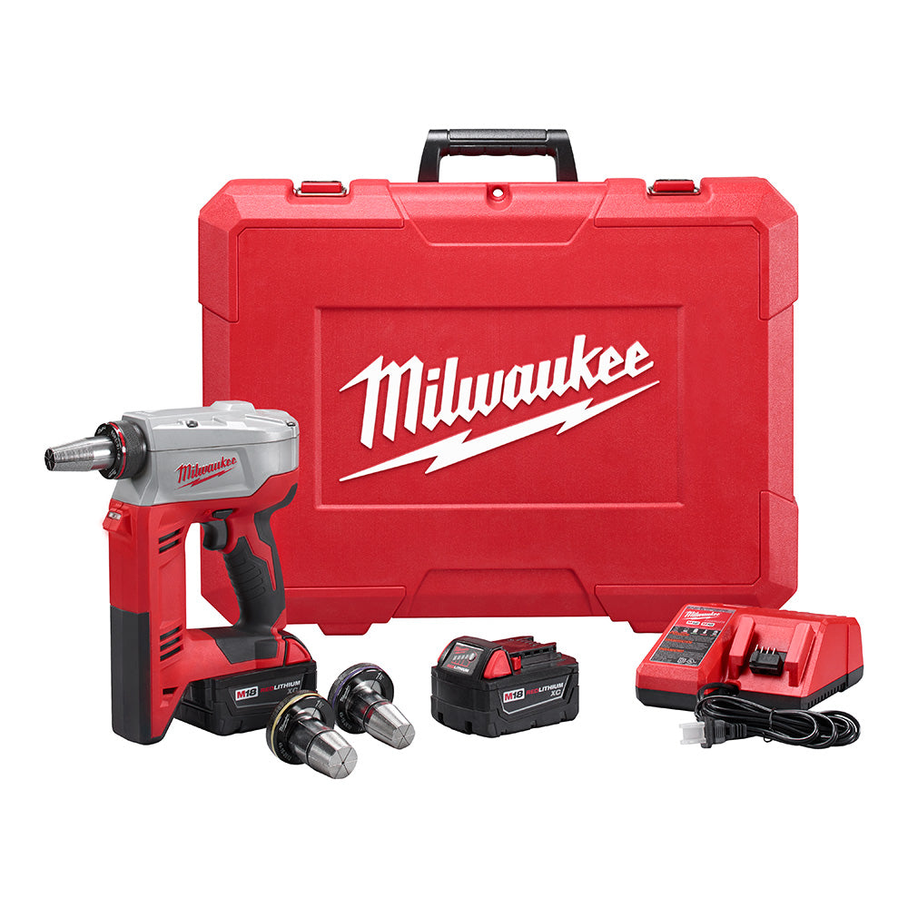 Red Milwaukee M18 ProPEX expansion tool kit with red carrying case, cordless tool, two batteries, charger, and expansion head