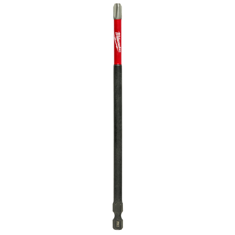 Milwaukee Shockwave 6 in. Phillips #3 impact power bit with red and black shaft and gray metal tip.