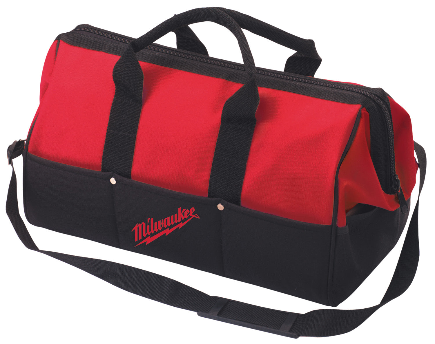 Red and black contractor bag with dual handles, shoulder strap, and Milwaukee logo on front.