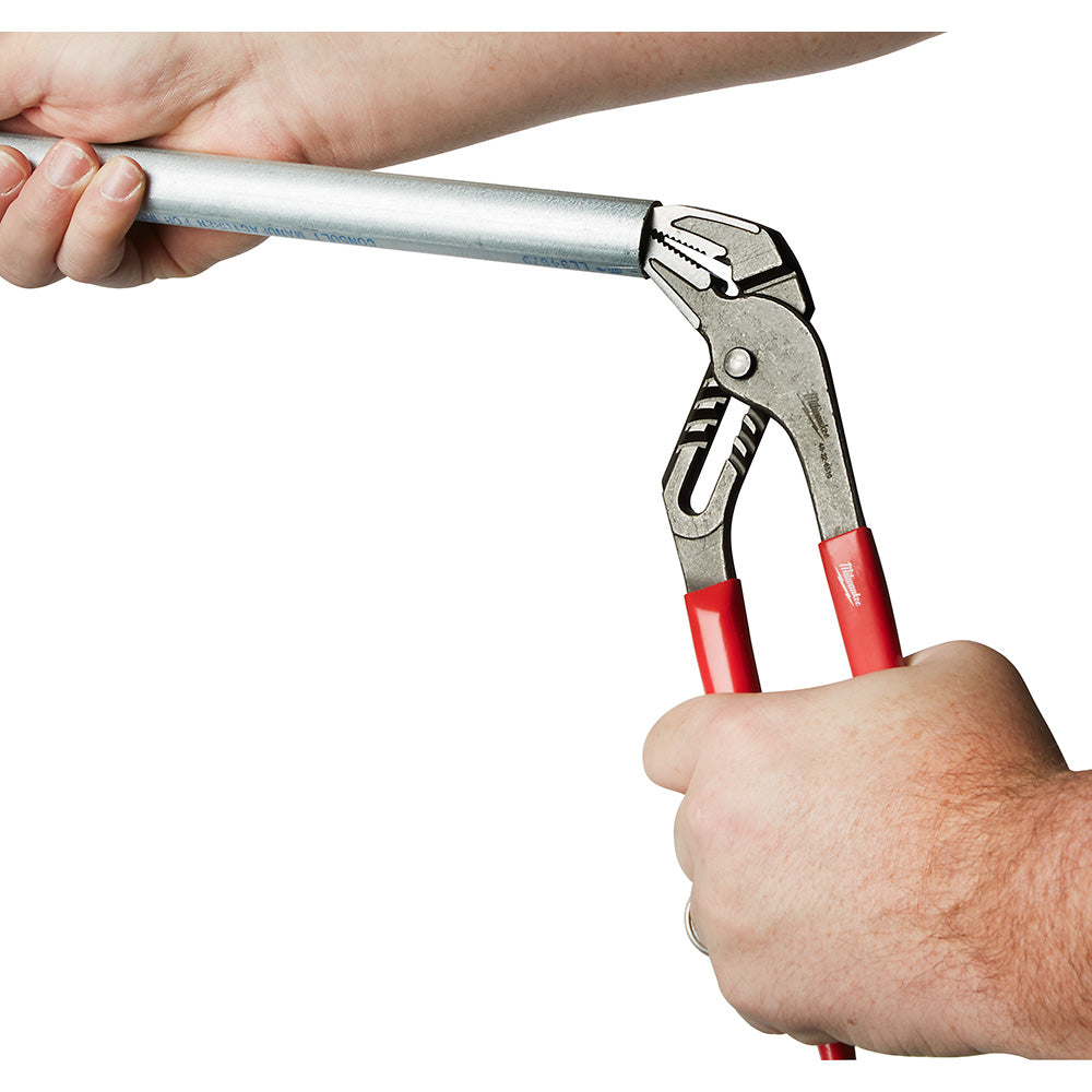 Pump pliers with 10-inch chrome-plated handle and red grip being held in use position.
