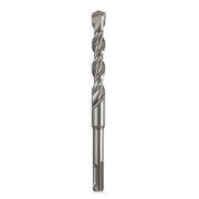Steel SDS-Plus rotary hammer bit with two flutes and flat chisel tip for drilling concrete and masonry.