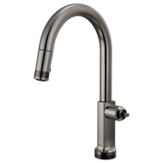 Black Onyx pull-down kitchen faucet with curved arc spout and single control handle on square base.