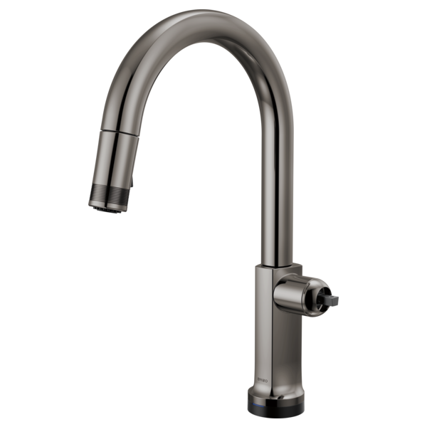 Black Onyx pull-down kitchen faucet with curved arc spout and single control handle on square base.