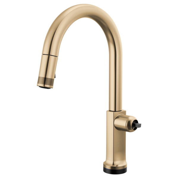 Gold pull-down kitchen faucet with curved spout and touchless sensor control on base.