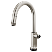 Stainless steel pull-down kitchen faucet with curved arc spout and single control lever on base.