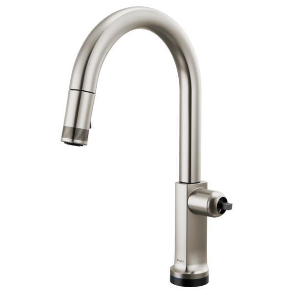 Stainless steel pull-down kitchen faucet with curved arc spout and single control lever on base.