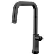 Matte black pull-down kitchen faucet with square spout and single side handle.