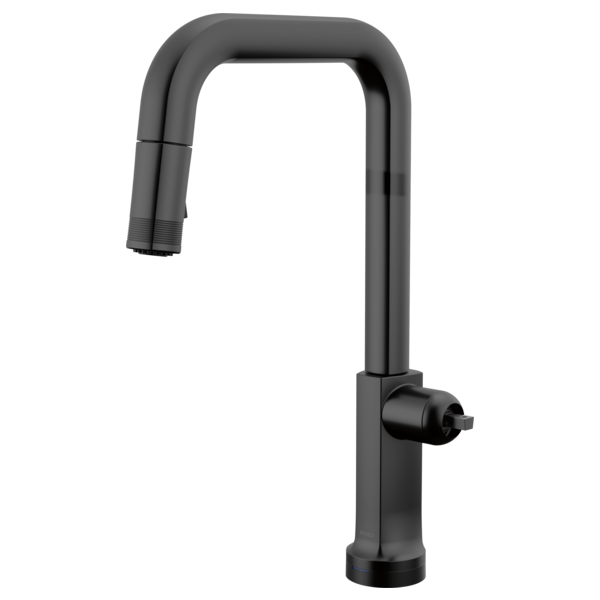 Matte black pull-down kitchen faucet with square spout and single side handle.
