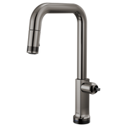Black stainless steel pull-down kitchen faucet with square spout and single side-mounted control lever.
