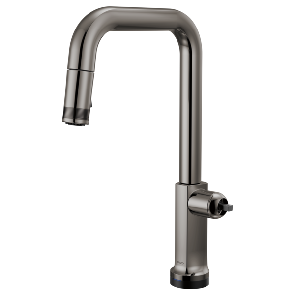 Black stainless steel pull-down kitchen faucet with square spout and single side-mounted control lever.