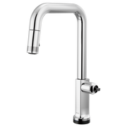 Chrome pull-down kitchen faucet with square spout and single side-mounted control lever.