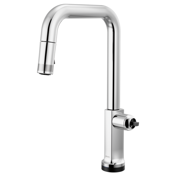 Chrome pull-down kitchen faucet with square spout and single side-mounted control lever.