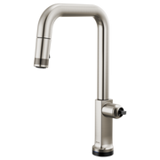 Stainless steel pull-down kitchen faucet with square spout and single side control lever.