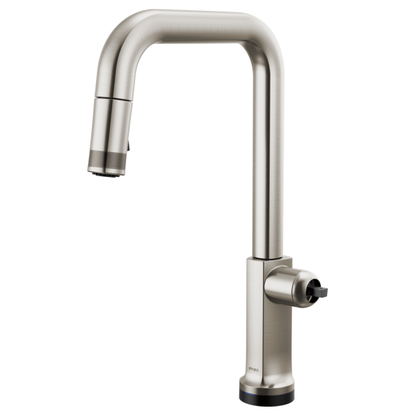 Stainless steel pull-down kitchen faucet with square spout and single side control lever.