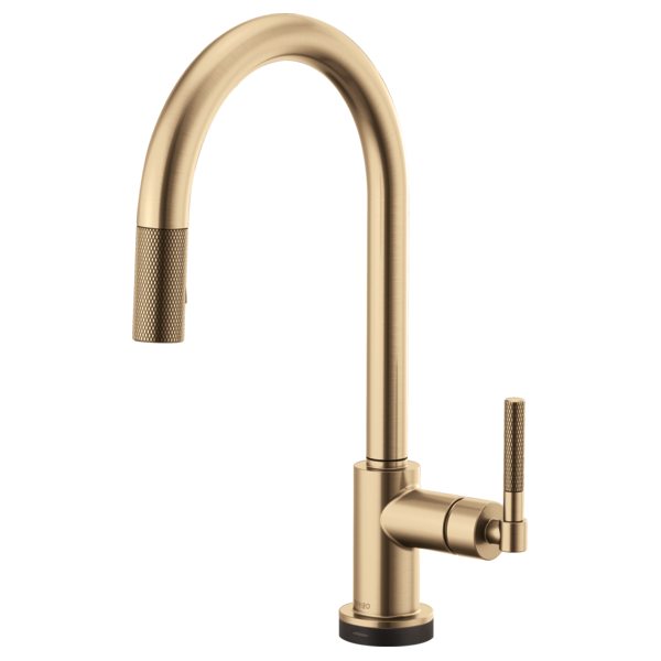 Champagne bronze pull-down kitchen faucet with curved arc spout and knurled side handle.