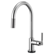 Chrome pull-down kitchen faucet with curved arc spout and textured knurled handle.