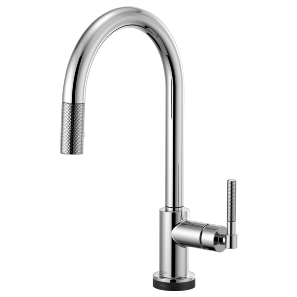 Chrome pull-down kitchen faucet with curved arc spout and textured knurled handle.