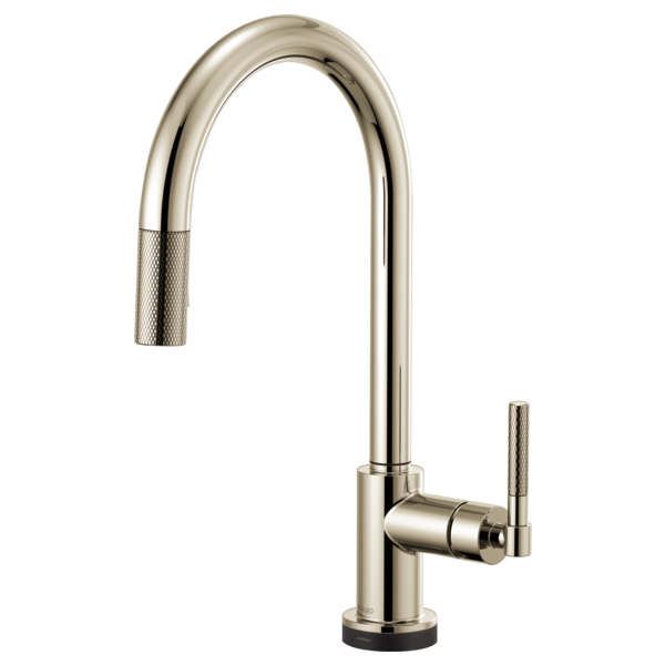 Polished nickel pull-down kitchen faucet with curved arc spout and textured side handle.