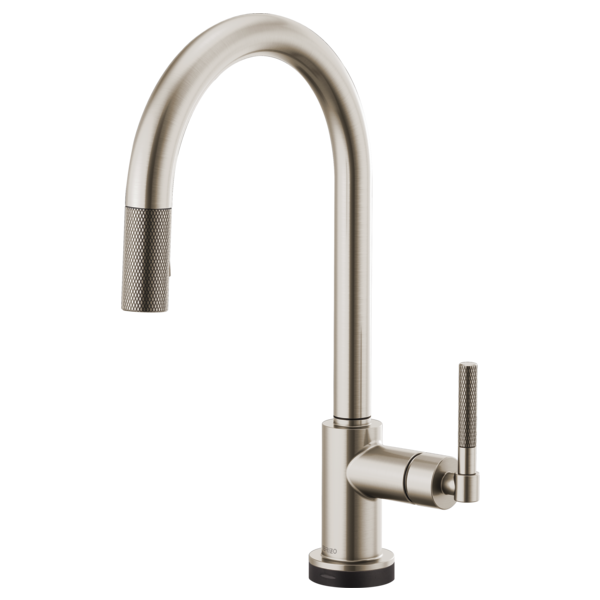 Brushed nickel pull-down kitchen faucet with curved spout and knurled single handle.