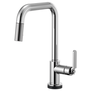 Chrome pull-down kitchen faucet with square spout, textured handle grip, and single lever control.