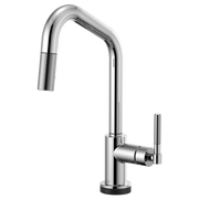 Chrome pull-down kitchen faucet with angled spout and knurled handle grip.