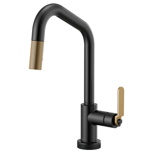 Black pull-down kitchen faucet with angled spout, gold textured handle, and matching gold accents.